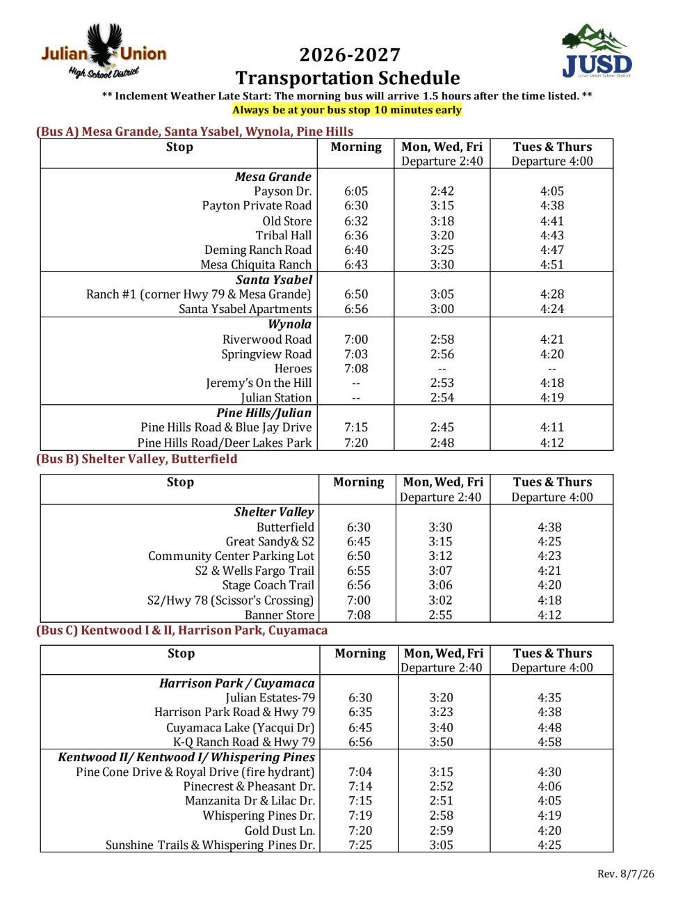 Bus Schedule for the 2026-2027 School Year